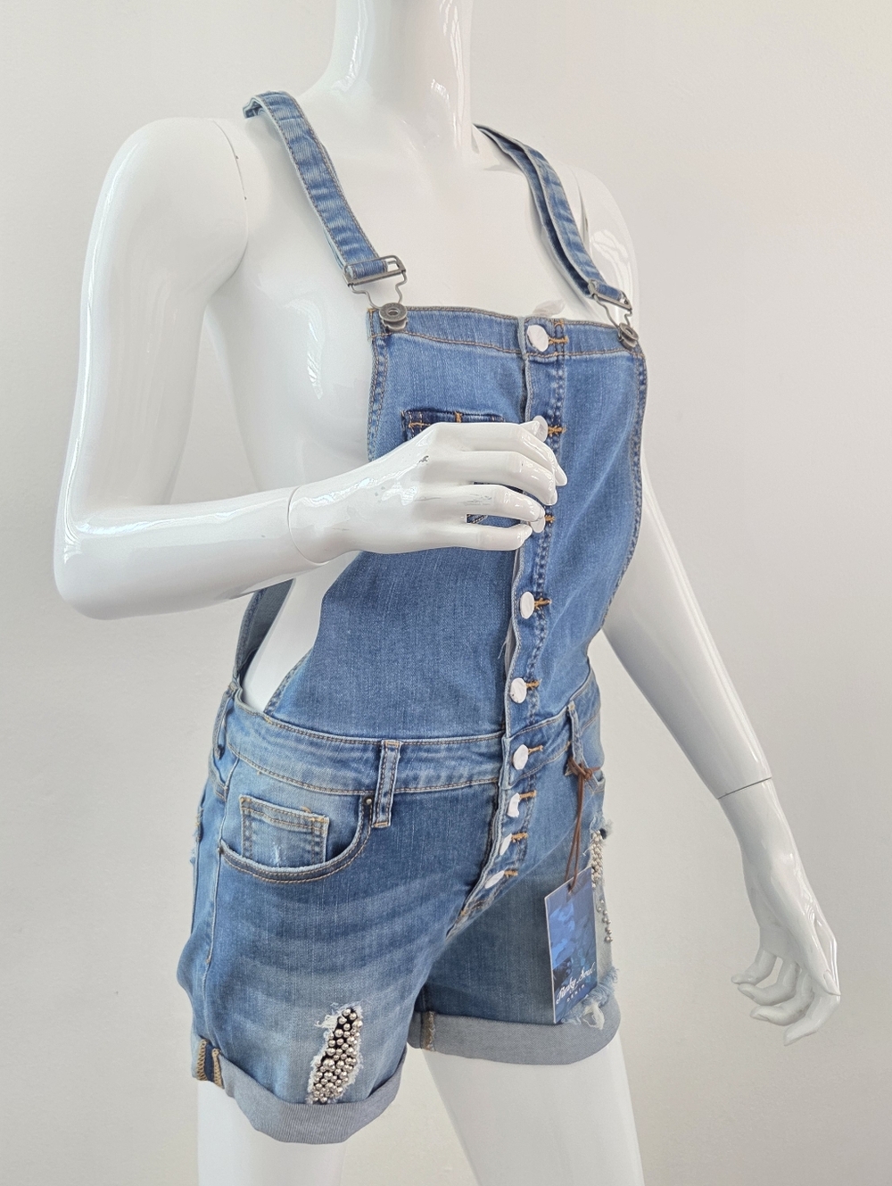Funky Soul Distressed Studded Denim Short Overalls NWT - Picture 3 of 16